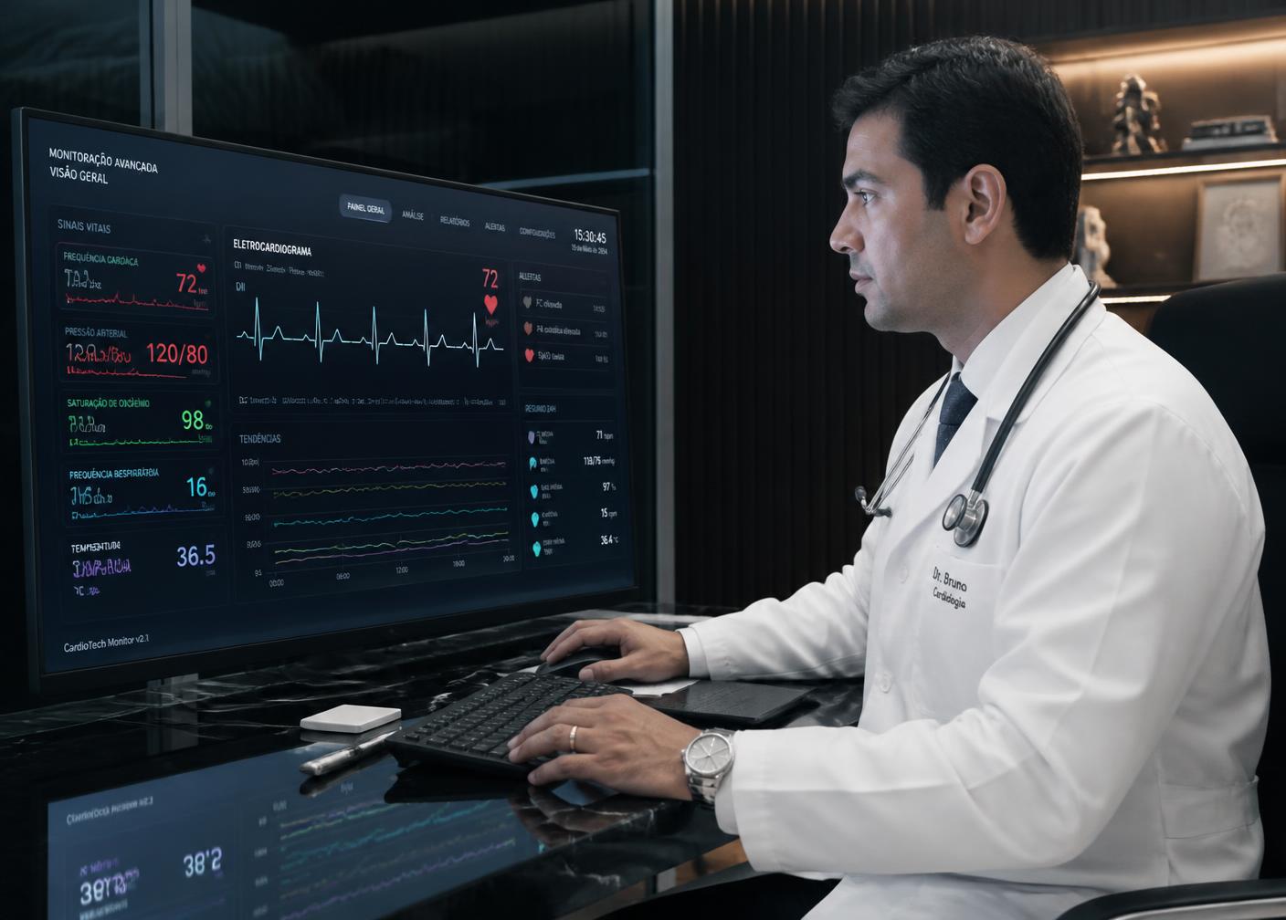 Médico analisando painel clínico com sinais vitais em tempo real